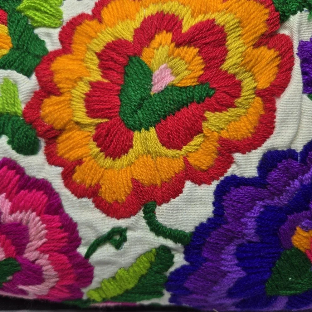 Vintage Cotton Handbag Purse Embroidered Floral Detail Boho Artsy Soft Hippie
